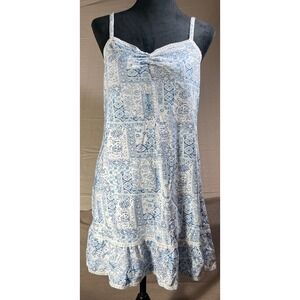 Madison Studio Intimates Women's Blue White Tile Print Slip‎ Dress M boho fairy